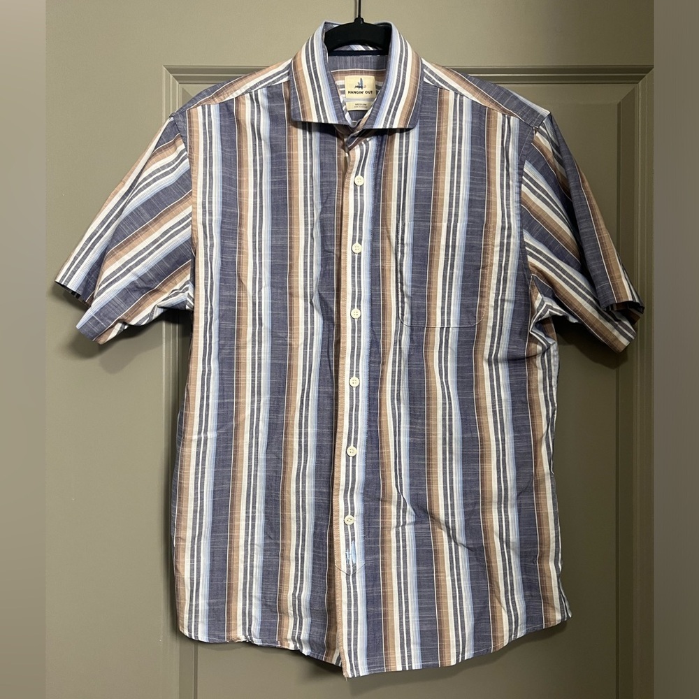 johnnie-O Hangin' Out Shirt Men's Blue Brown White Stripe Short Sleeve M